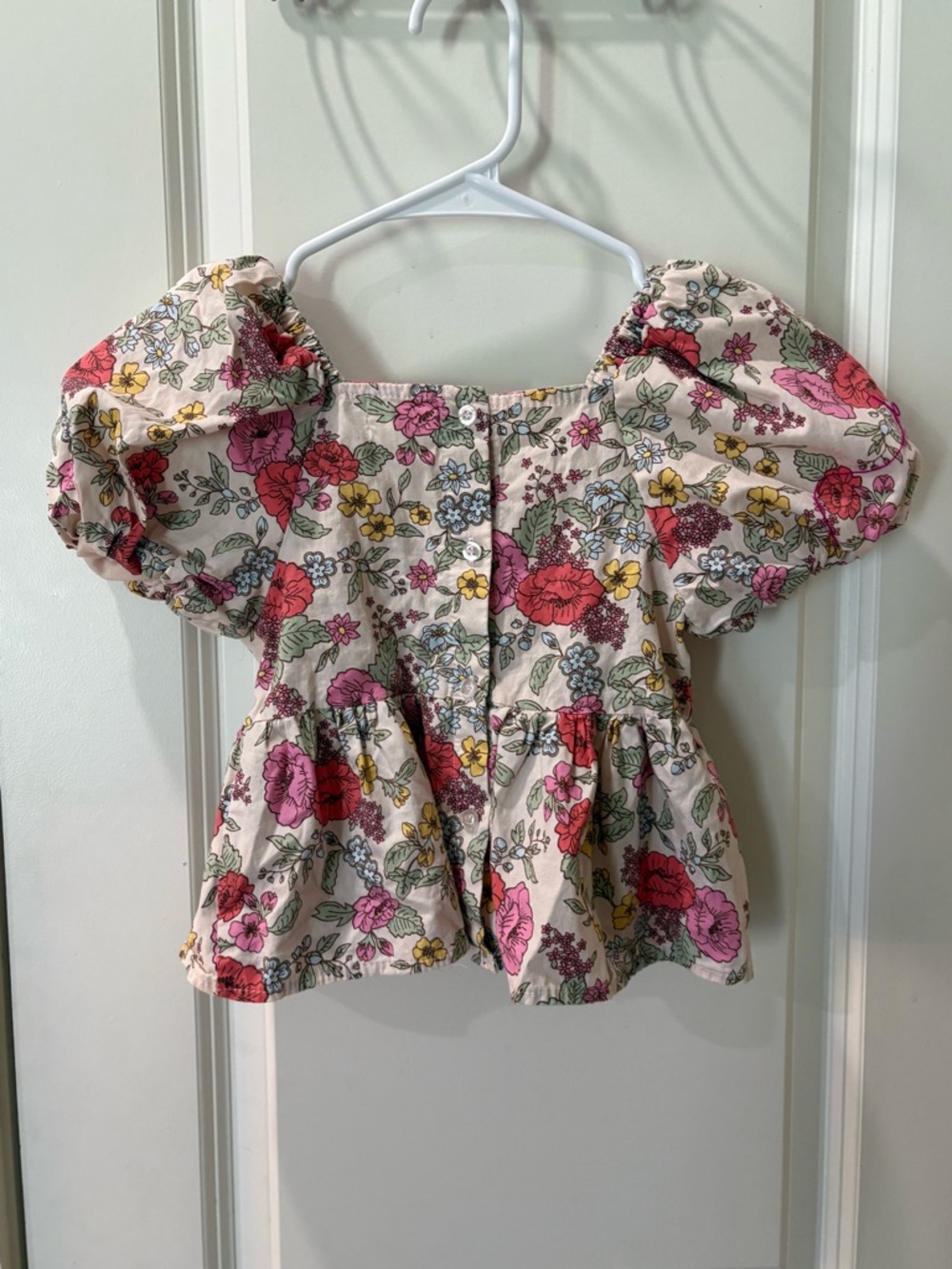 Floral Puff-Sleeve Peplum Top - Pink
